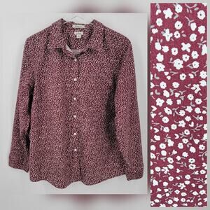 LL Bean Shirt Womens 1X Red Ditsy Floral Wrinkle Free Cotton Button Up